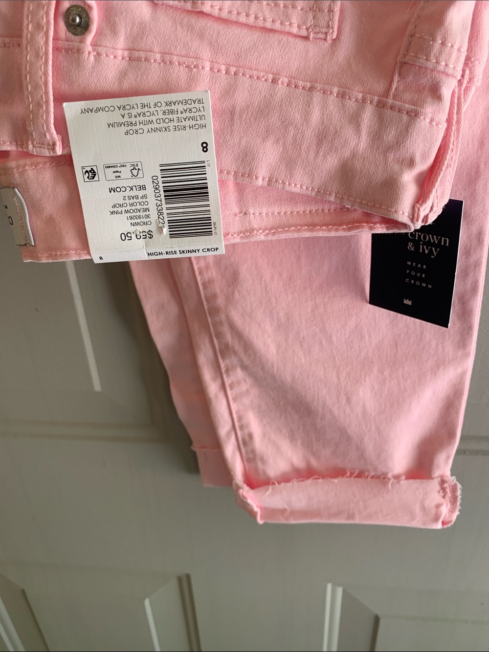 Crown & Ivy Light Pink Jeans Size 8 NEW High rise Skinny Crop hem less 5 Pockets - Picture 6 of 6